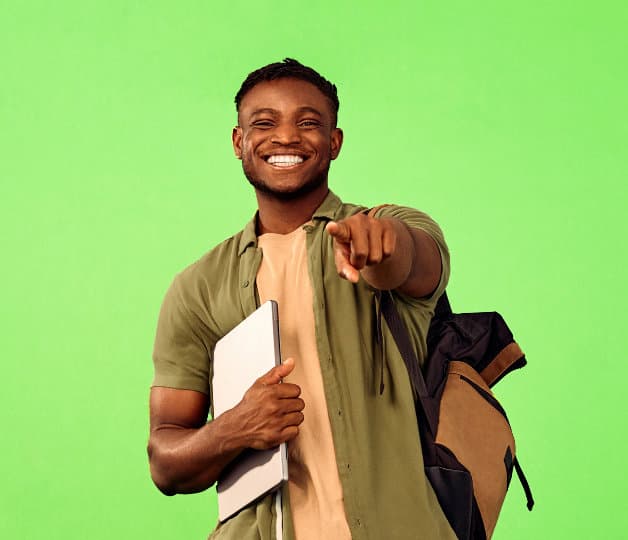 Ethnic student holding laptop and bag, pointing at camera